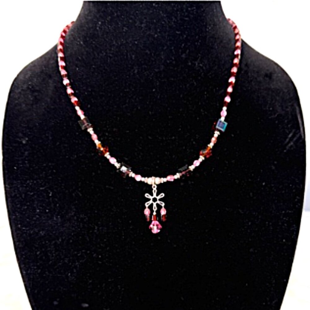 Vintage Handmade Pink and Red Beaded Pendant Necklace with Crystal Accents